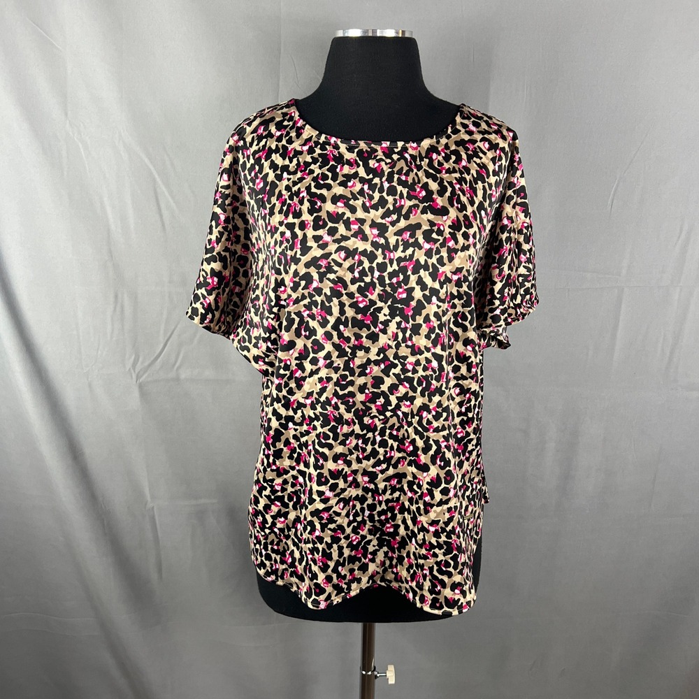Anne Klein Blouse Top Womens Large Multicolor Leopard Print Pleated Cap Sleeve